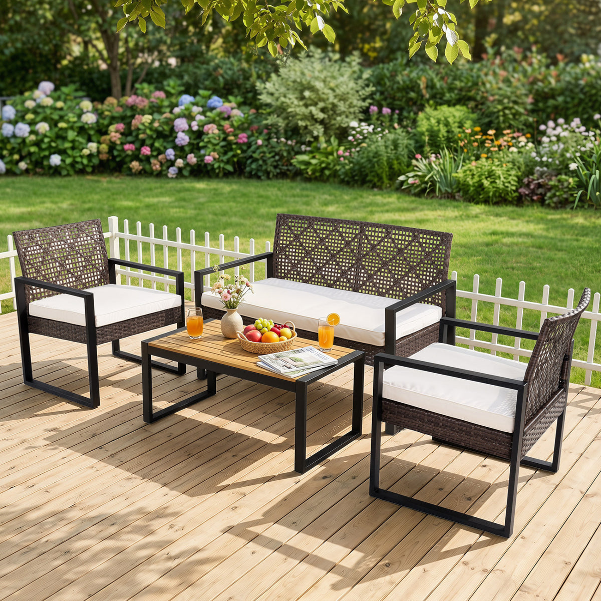 4-Piece Patio Set with Acacia Coffee Table and Wicker Chairs for