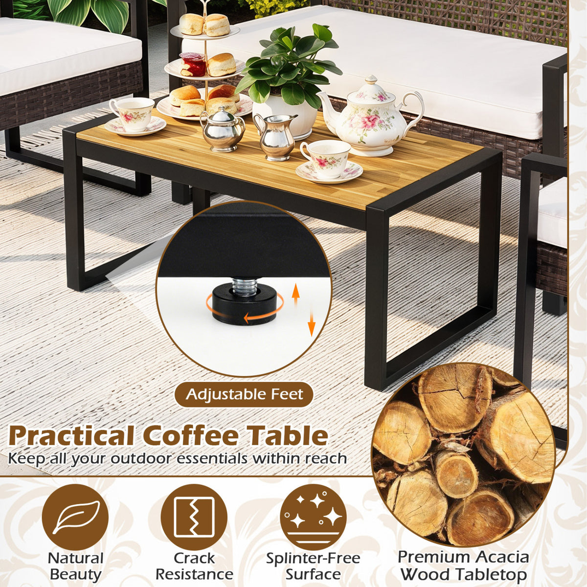 4-Piece Patio Set with Acacia Coffee Table and Wicker Chairs for
