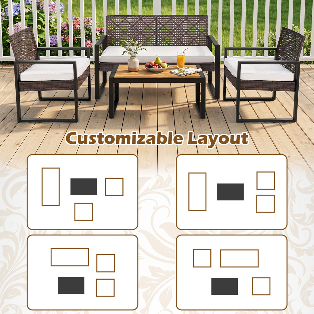 4-Piece Patio Set with Acacia Coffee Table and Wicker Chairs for