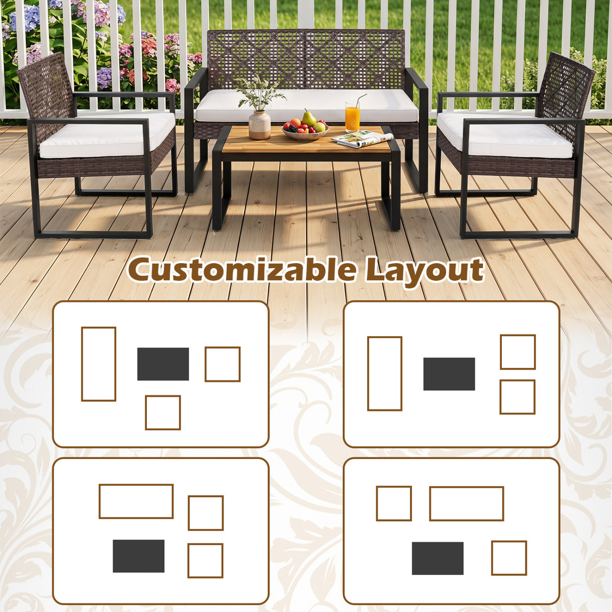 4-Piece Patio Set with Acacia Coffee Table and Wicker Chairs for