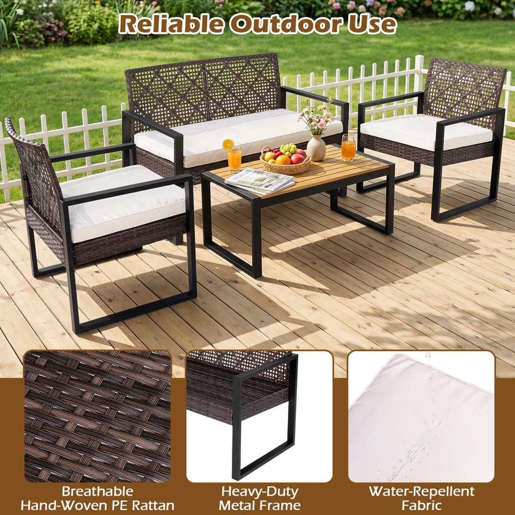 4-Piece Patio Set with Acacia Coffee Table and Wicker Chairs for