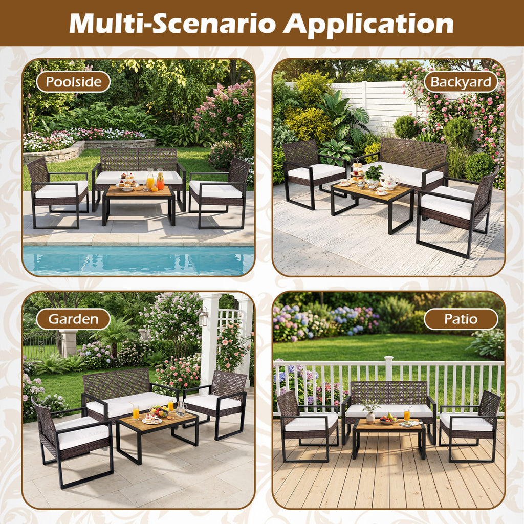 4-Piece Patio Set with Acacia Coffee Table and Wicker Chairs for