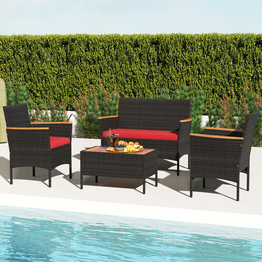 4-Piece Outdoor Rattan Sofa Set with Loveseat & Coffee Table - Red