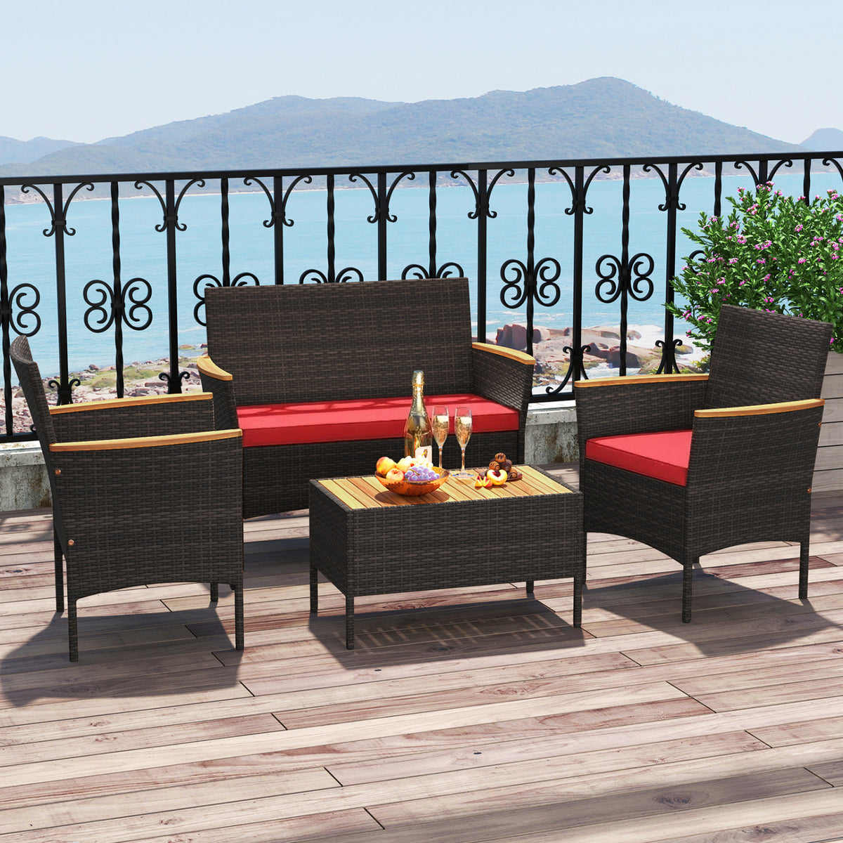 4-Piece Outdoor Rattan Sofa Set with Loveseat & Coffee Table - Red