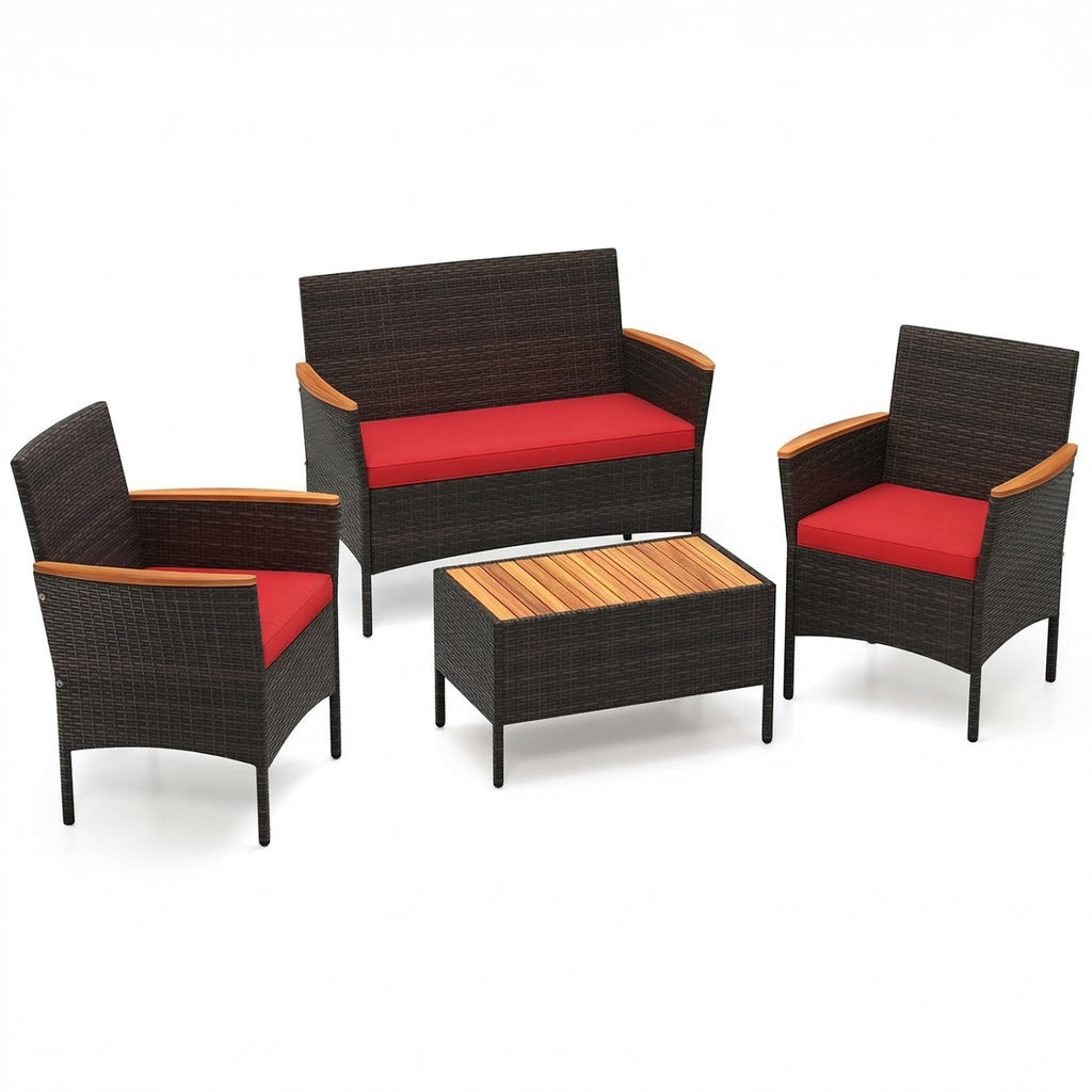 4 Piece Patio Wicker Sofa Set 2 Rattan Chairs and Loveseat with Table