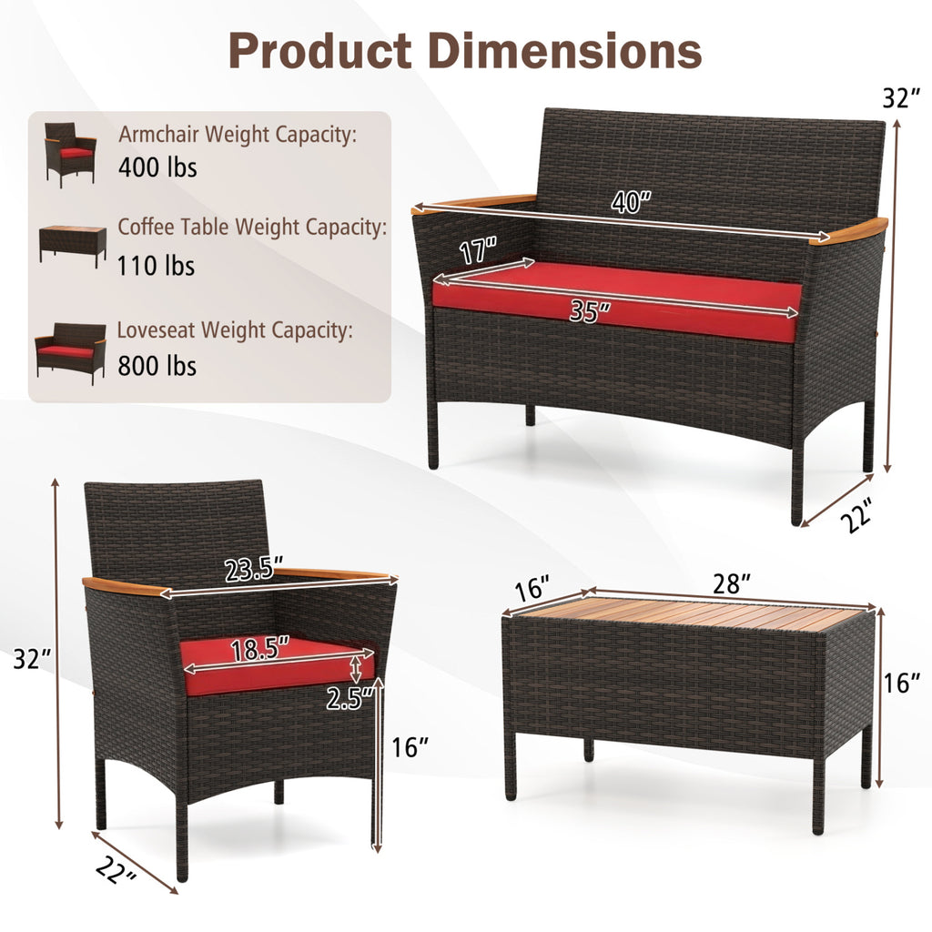 4-Piece Outdoor Rattan Sofa Set with Loveseat & Coffee Table - Red