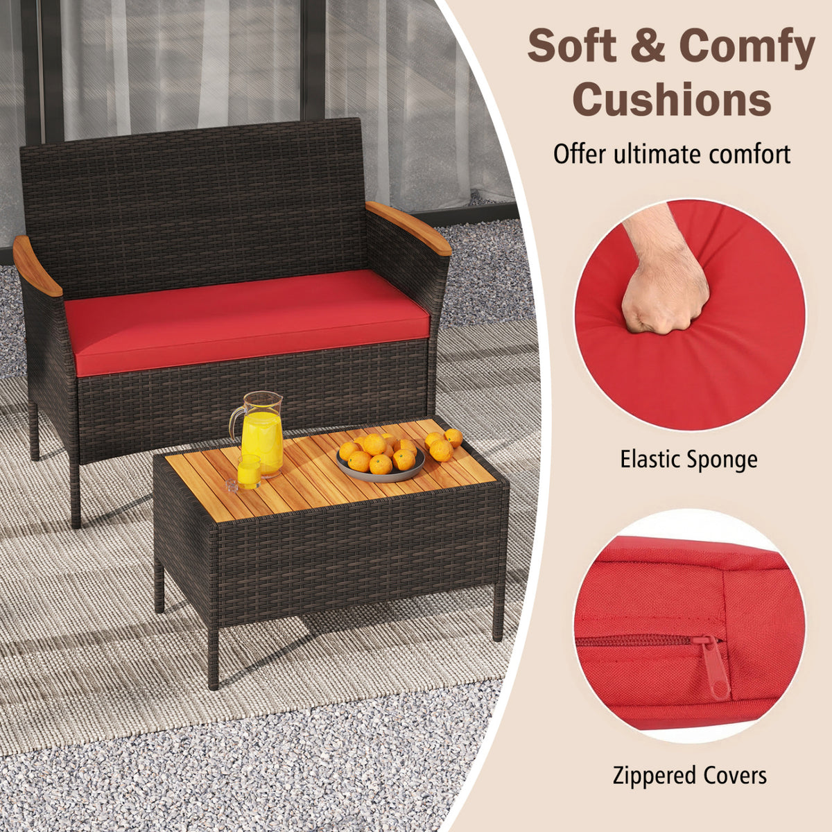 4-Piece Outdoor Rattan Sofa Set with Loveseat & Coffee Table - Red