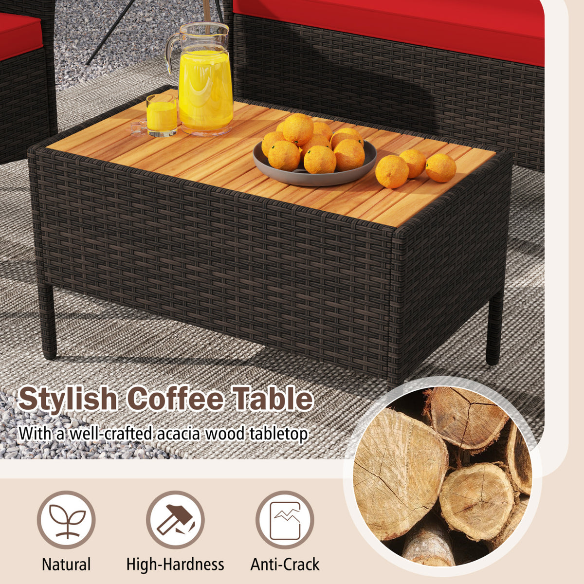 4-Piece Outdoor Rattan Sofa Set with Loveseat & Coffee Table - Red