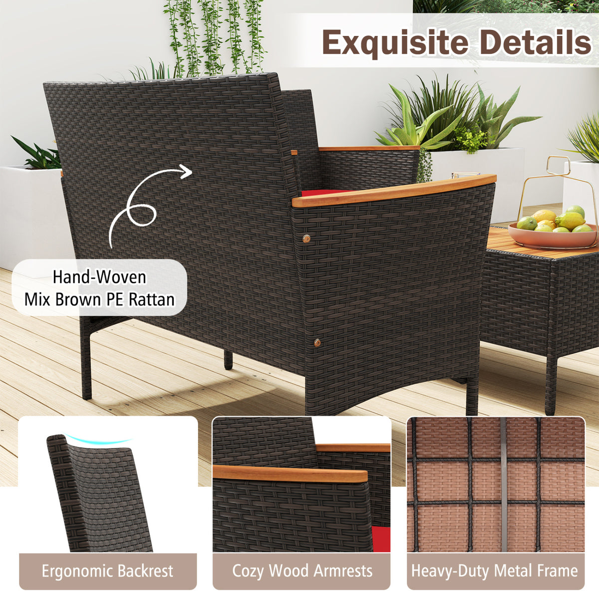 4-Piece Outdoor Rattan Sofa Set with Loveseat & Coffee Table - Red
