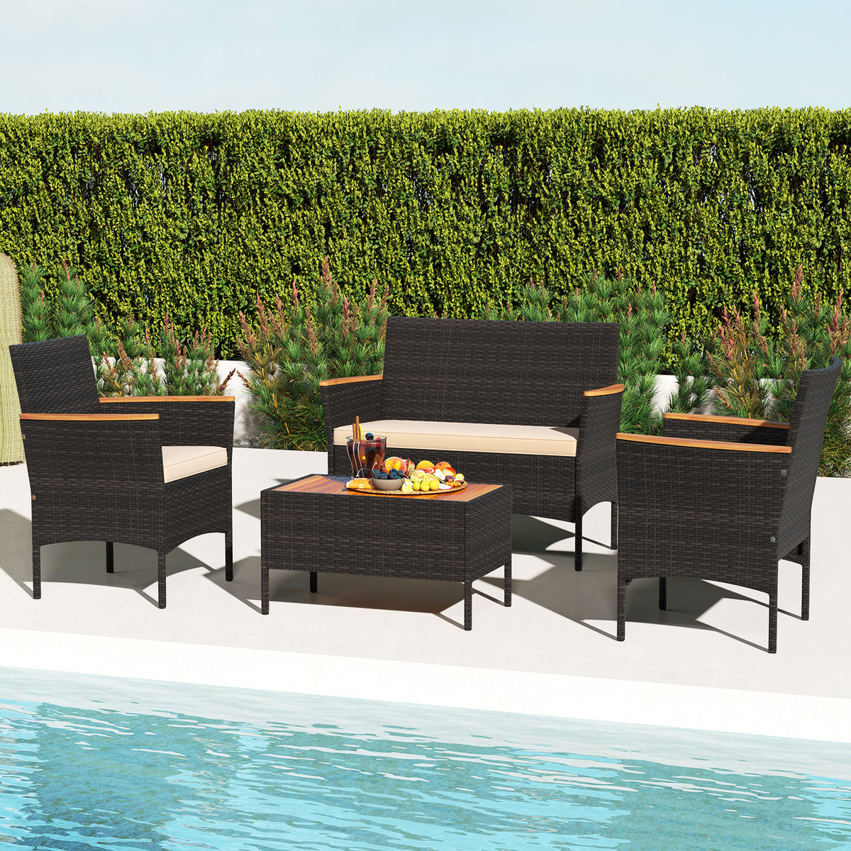 4-Piece Outdoor Rattan Sofa Set with Loveseat & Coffee Table - Red