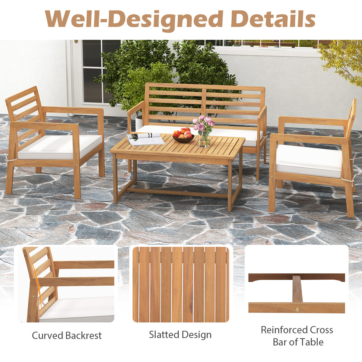 4 Piece Wood Patio Conversation Set with 2 Armchairs and Coffee Table