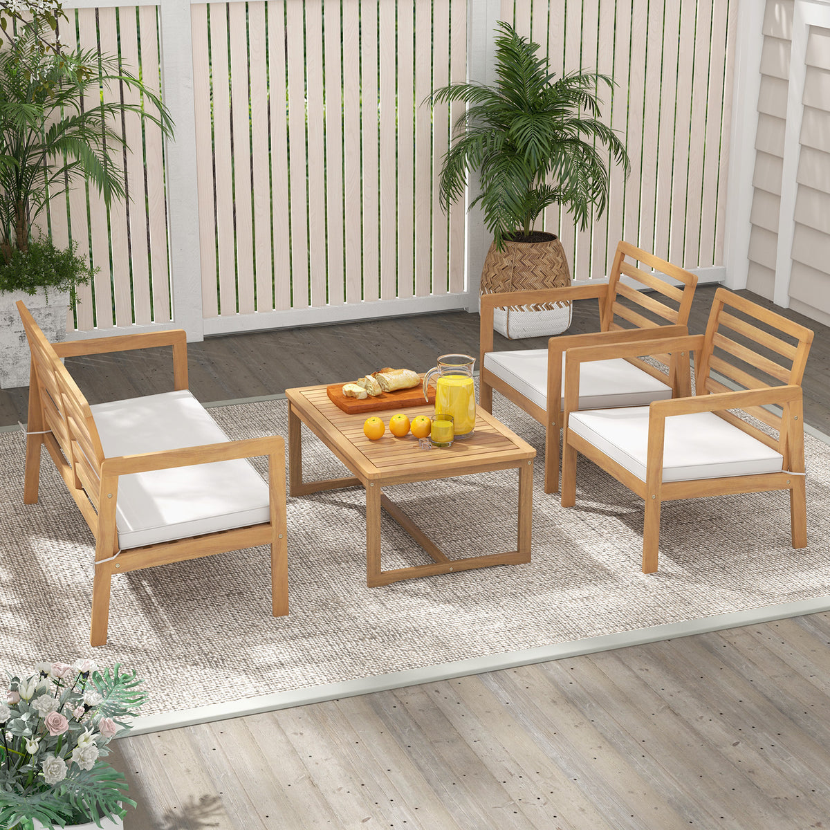 4 Piece Wood Patio Conversation Set with 2 Armchairs and Coffee Table
