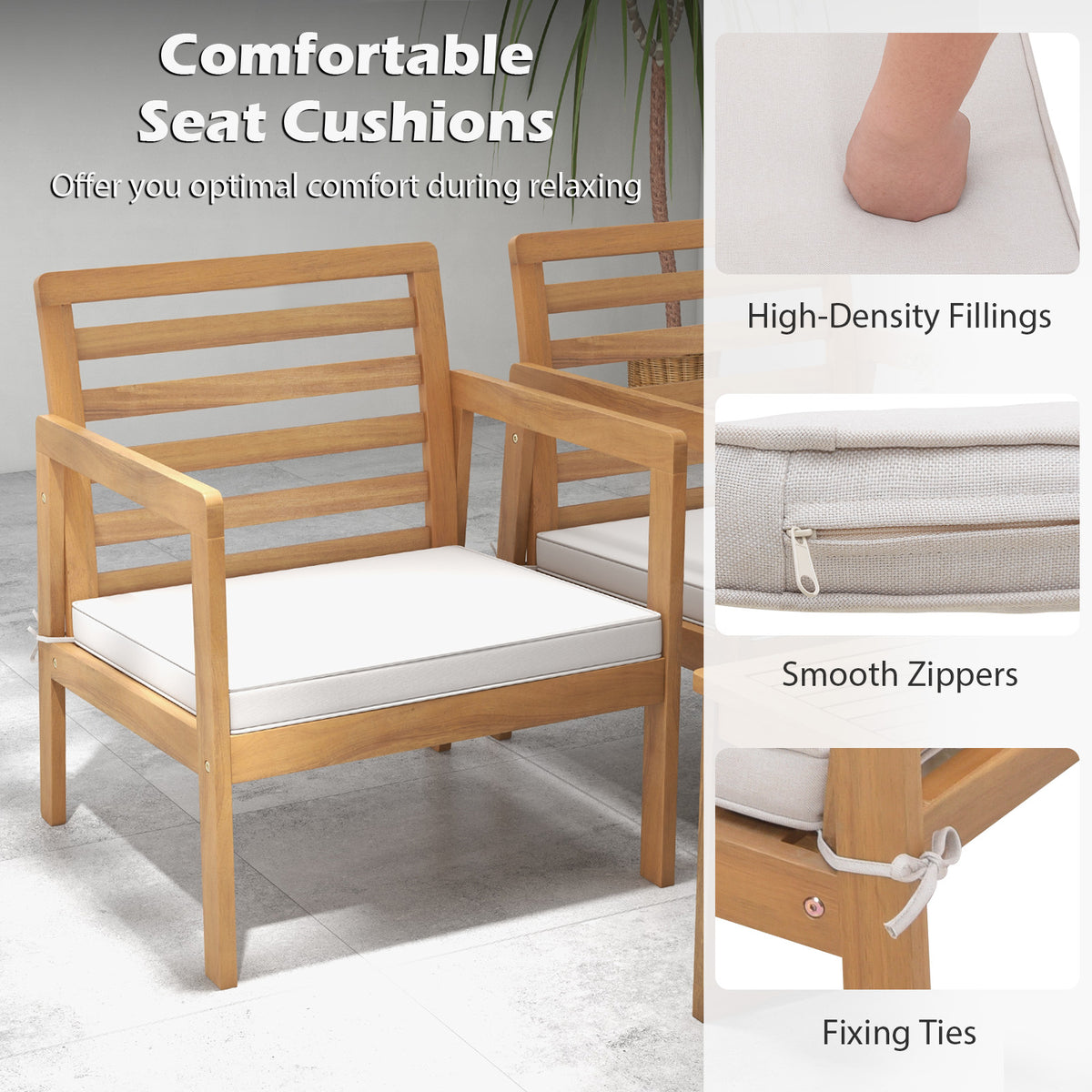 4 Piece Wood Patio Conversation Set with 2 Armchairs and Coffee Table