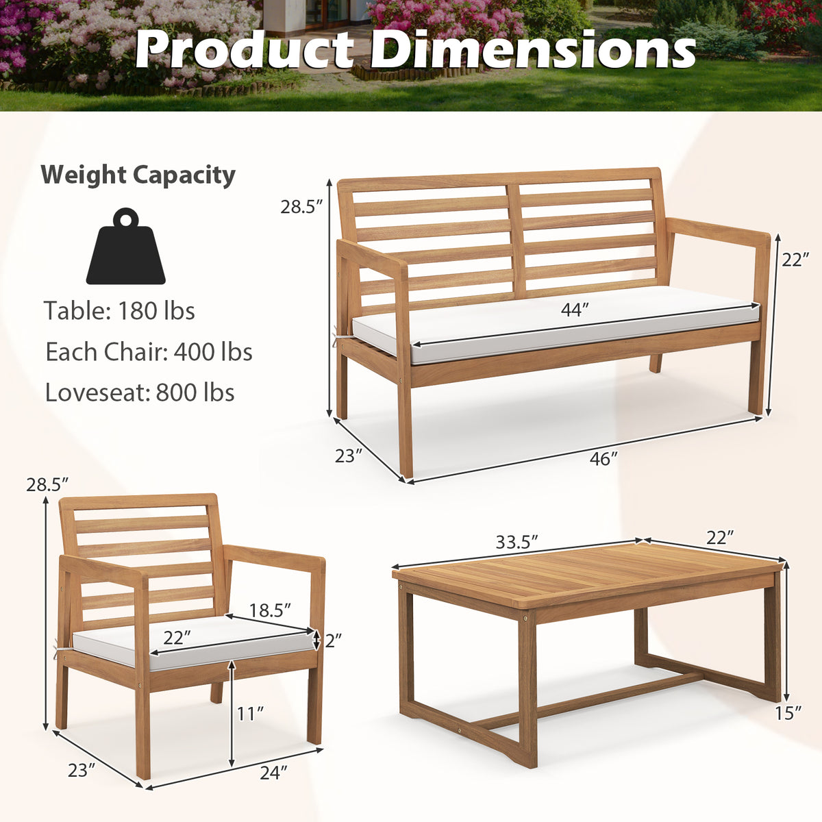 4 Piece Wood Patio Conversation Set with 2 Armchairs and Coffee Table