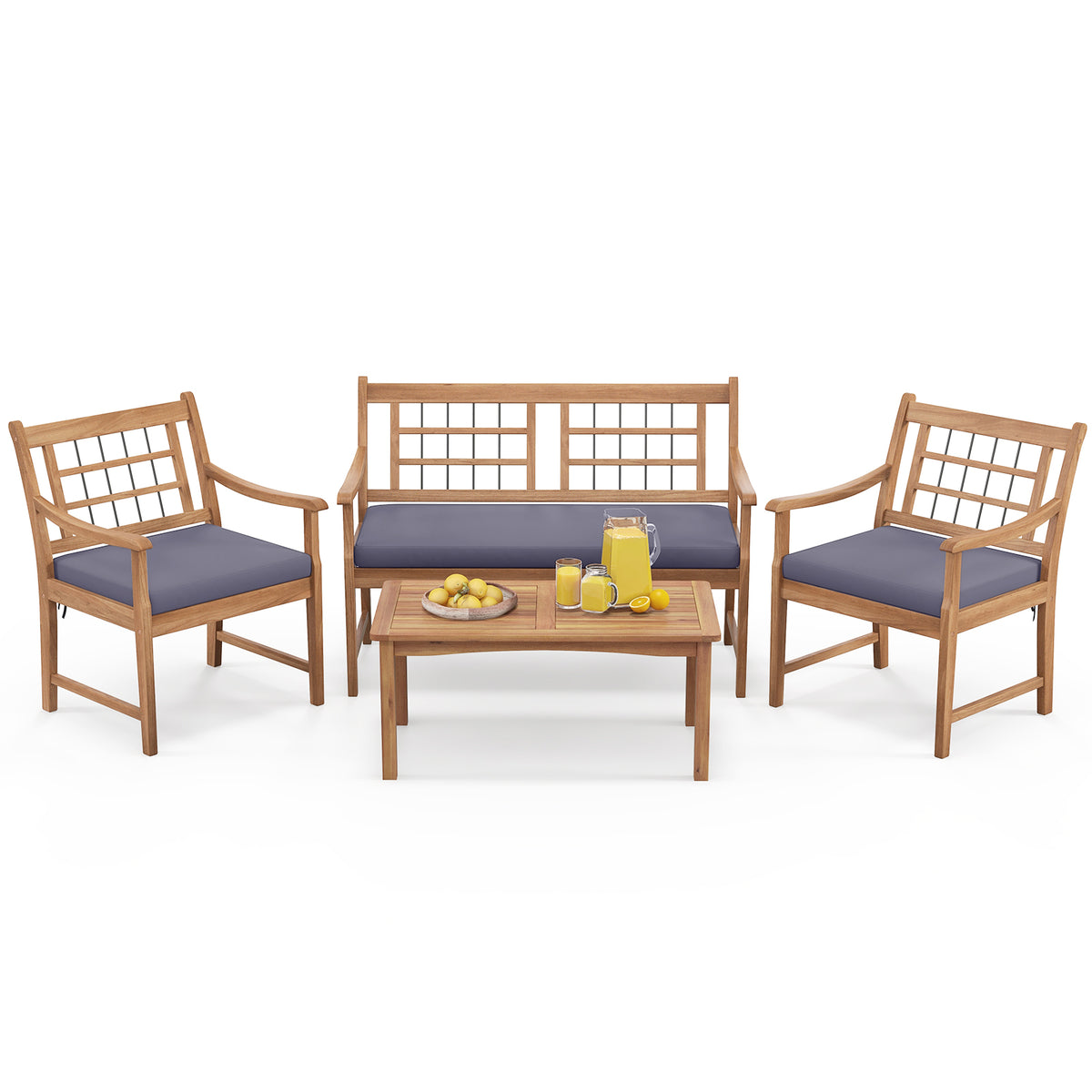 4-Piece Acacia Wood Patio Set with Loveseat, Armchairs & Coffee Table - Gray