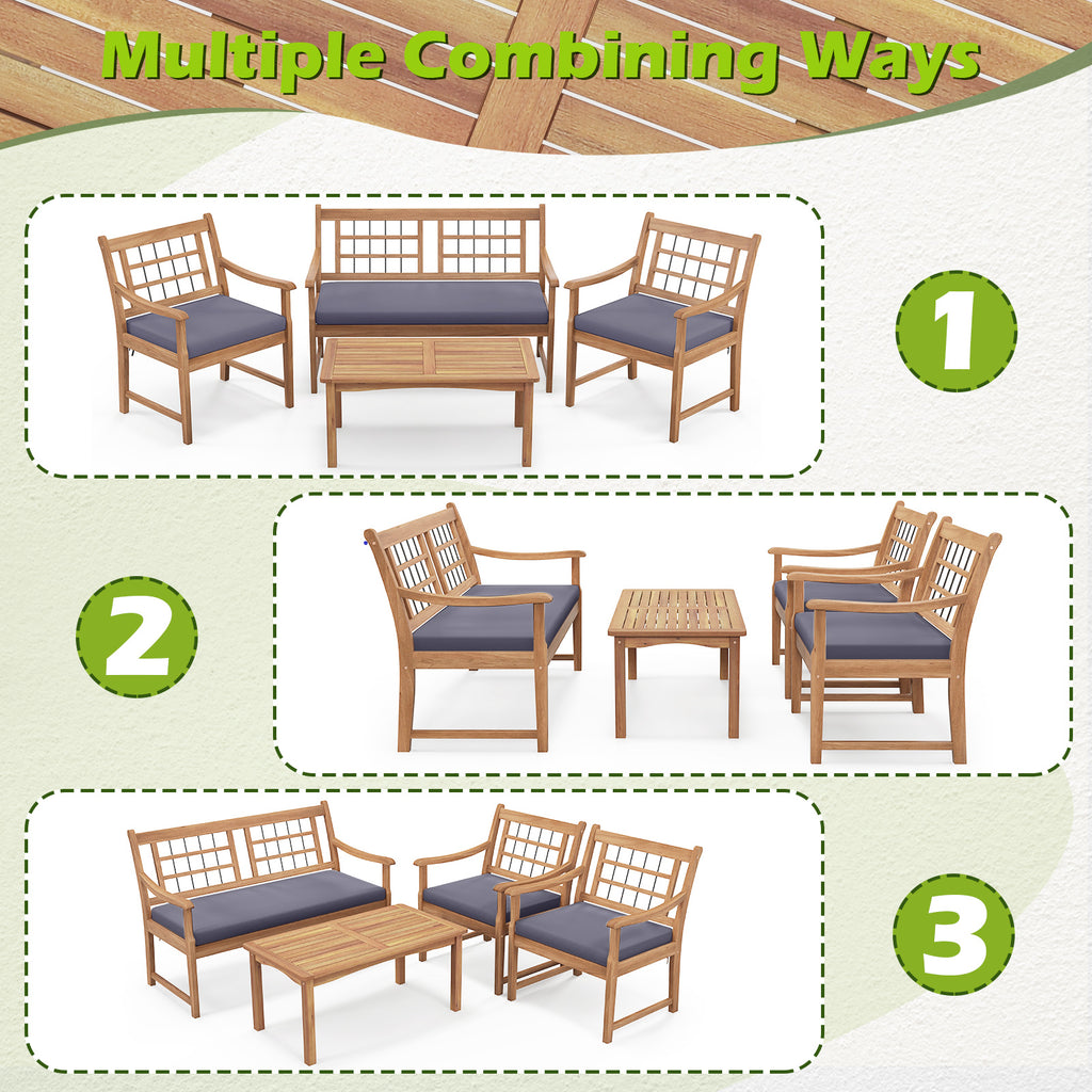 4-Piece Acacia Wood Patio Set with Loveseat, Armchairs & Coffee Table - Gray