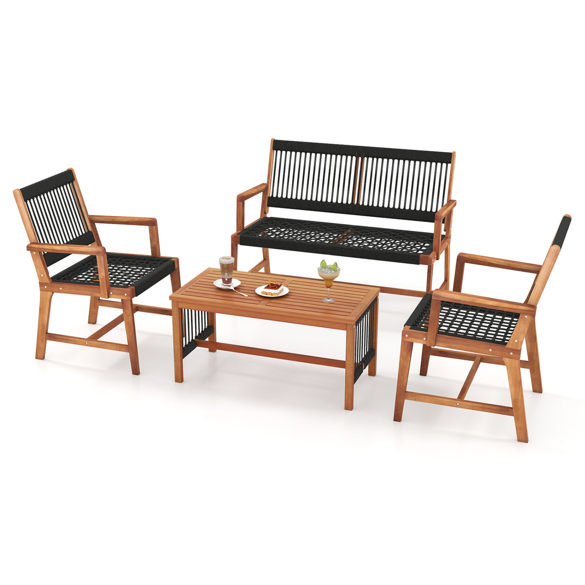 4 Pieces Acacia Wood Patio Conversation Table and Chair Set with Hand
