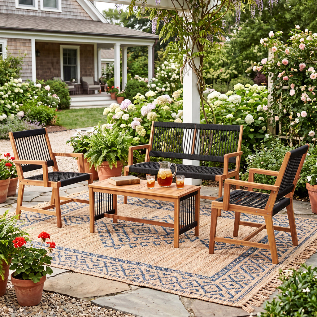 4 Pieces Acacia Wood Patio Conversation Table and Chair Set with Hand