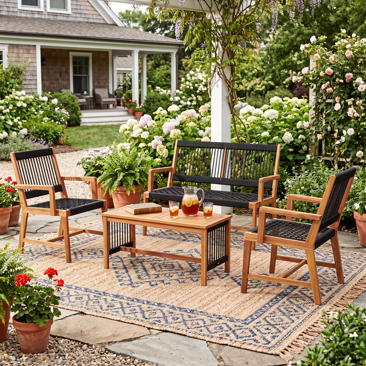 4 Pieces Acacia Wood Patio Conversation Table and Chair Set with Hand