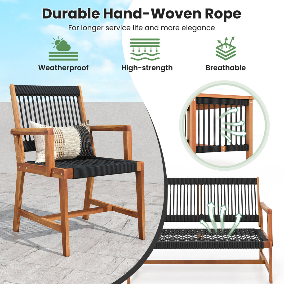 4 Pieces Acacia Wood Patio Conversation Table and Chair Set with Hand