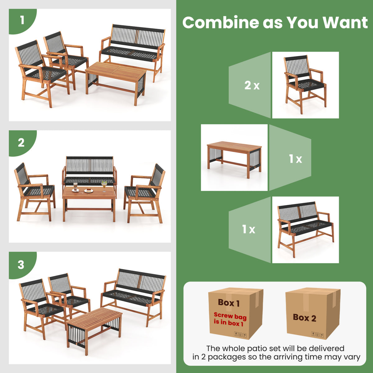 4 Pieces Acacia Wood Patio Conversation Table and Chair Set with Hand