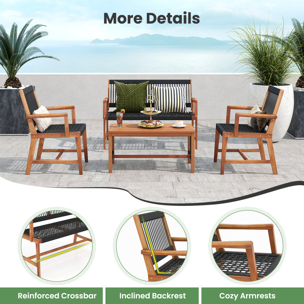 4 Pieces Acacia Wood Patio Conversation Table and Chair Set with Hand