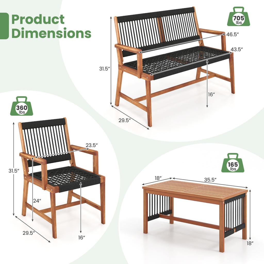 4 Pieces Acacia Wood Patio Conversation Table and Chair Set with Hand