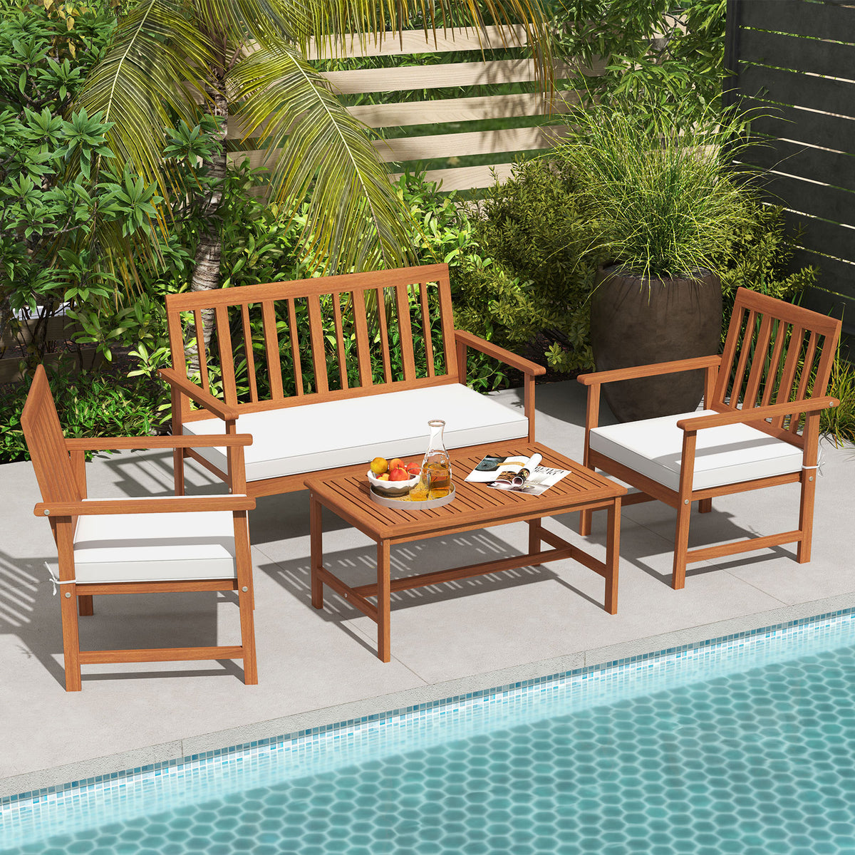 4 Pieces Acacia Wood Furniture Set with Seat Cushions and Robust Frame
