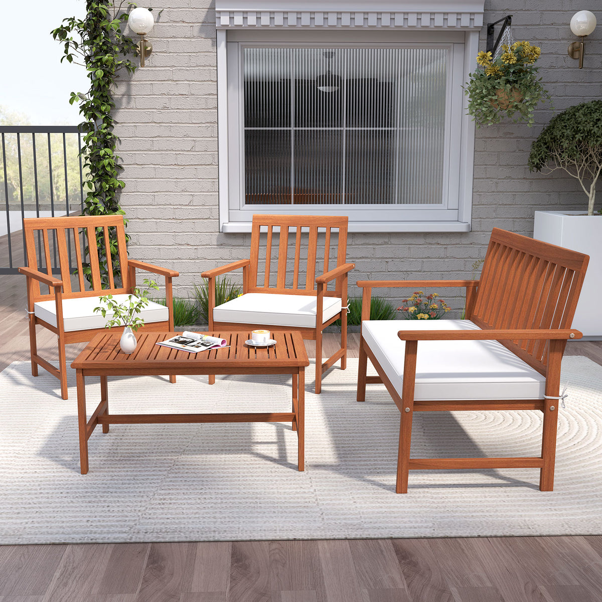 4 Pieces Acacia Wood Furniture Set with Seat Cushions and Robust Frame
