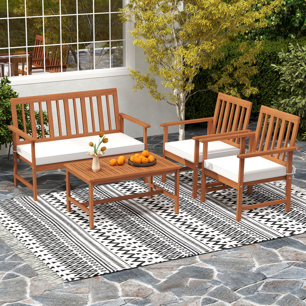 4 Pieces Acacia Wood Furniture Set with Seat Cushions and Robust Frame