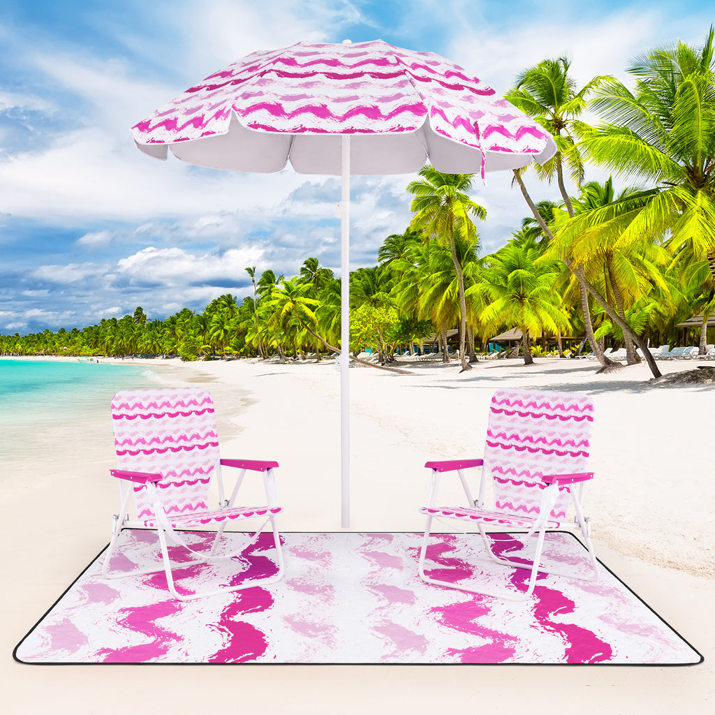 Beach Umbrella Set with 2 Folding Chairs & Picnic Blanket - Pink