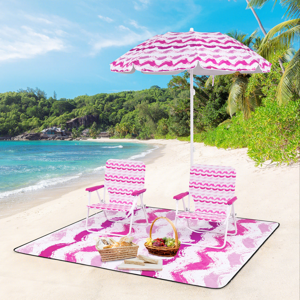 Beach Umbrella Set with 2 Folding Chairs & Picnic Blanket - Pink