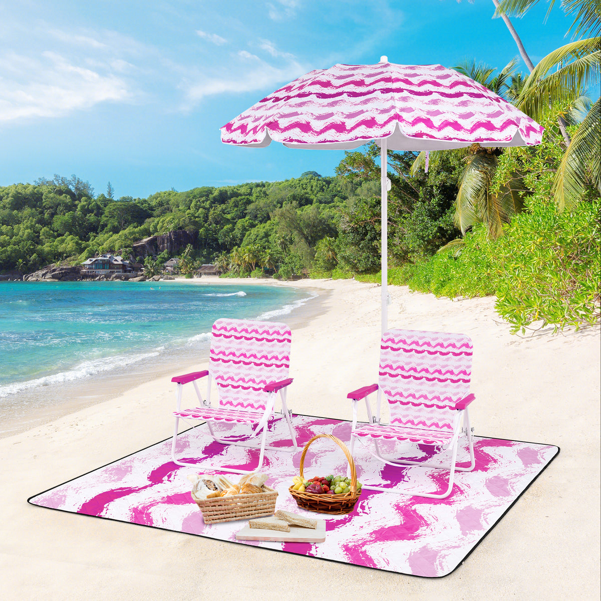 Beach Umbrella Set with 2 Folding Chairs & Picnic Blanket - Pink