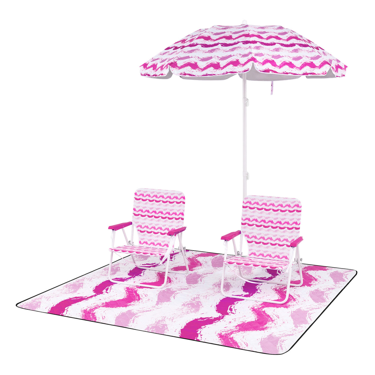 Beach Umbrella Set with 2 Folding Chairs & Picnic Blanket - Pink