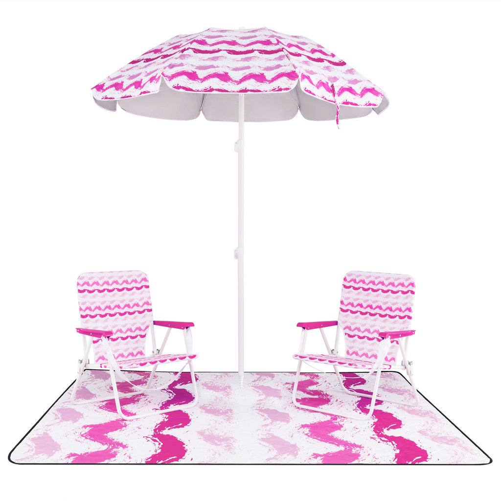 Beach Umbrella Set with 2 Folding Chairs & Picnic Blanket - Pink