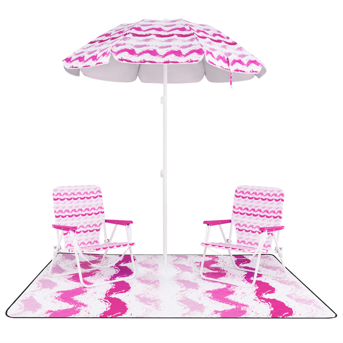 Beach Umbrella Set with 2 Folding Chairs & Picnic Blanket - Pink