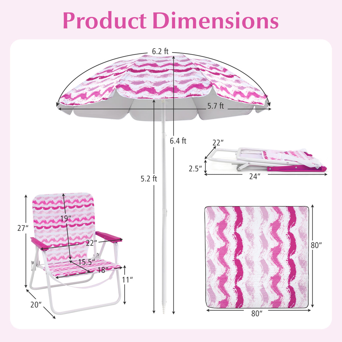 Beach Umbrella Set with 2 Folding Chairs & Picnic Blanket - Pink
