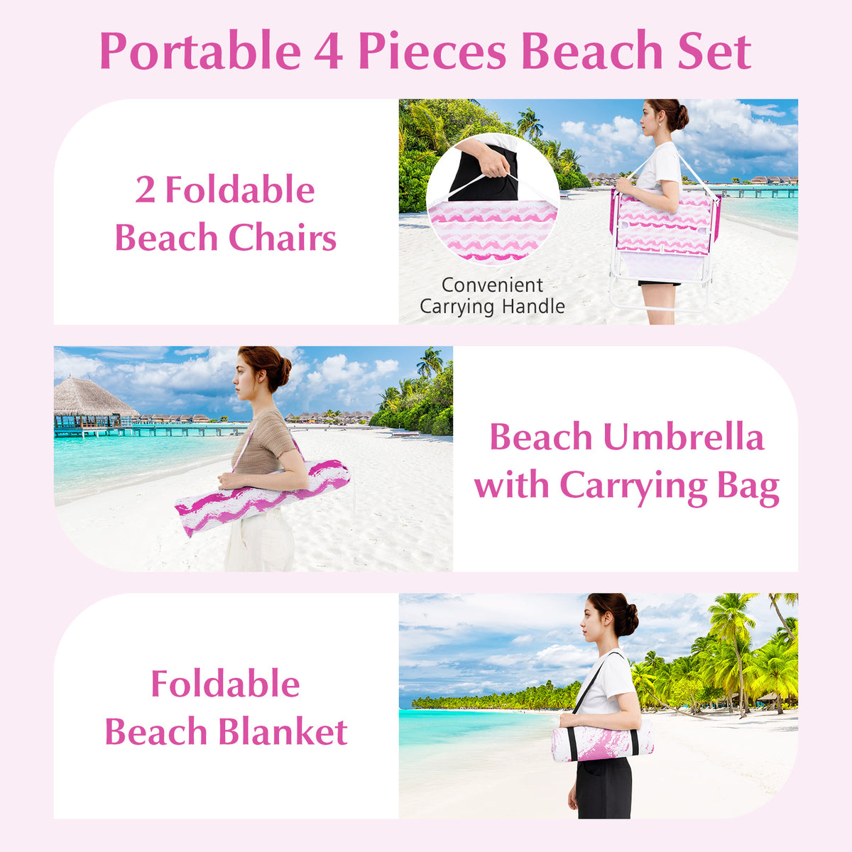 Beach Umbrella Set with 2 Folding Chairs & Picnic Blanket - Pink