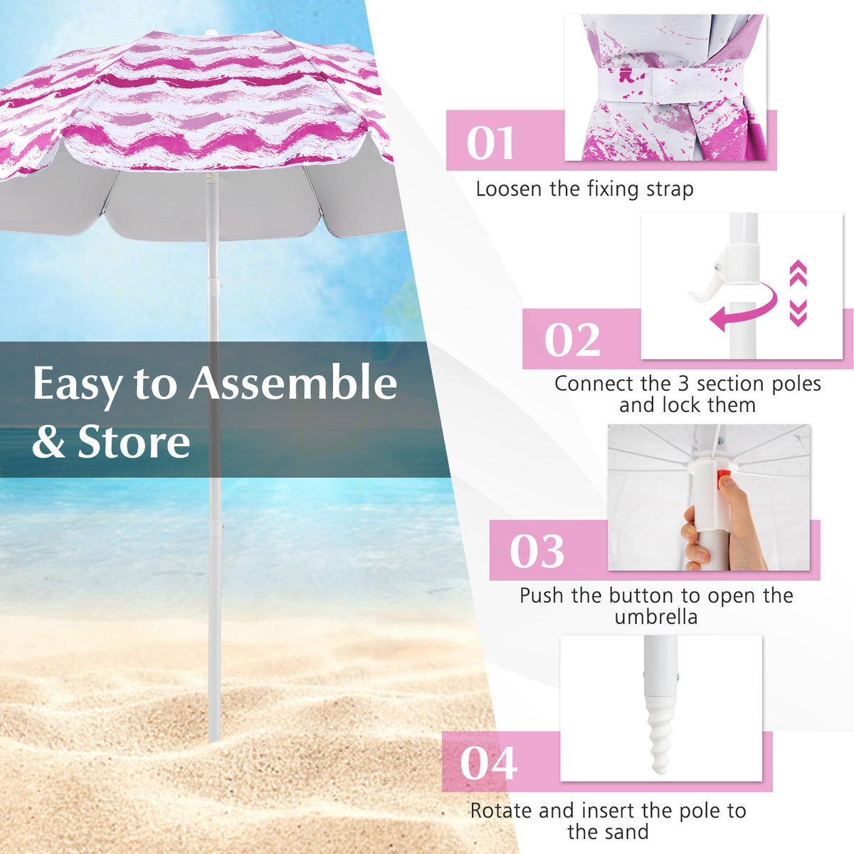 Beach Umbrella Set with 2 Folding Chairs & Picnic Blanket - Pink