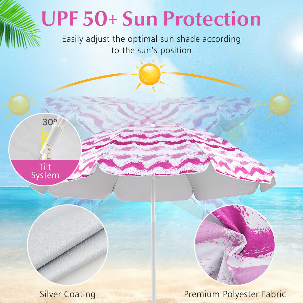 Beach Umbrella Set with 2 Folding Chairs & Picnic Blanket - Pink
