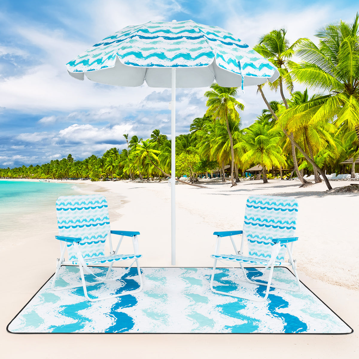 Beach Umbrella Set with 2 Folding Chairs & Picnic Blanket - Pink