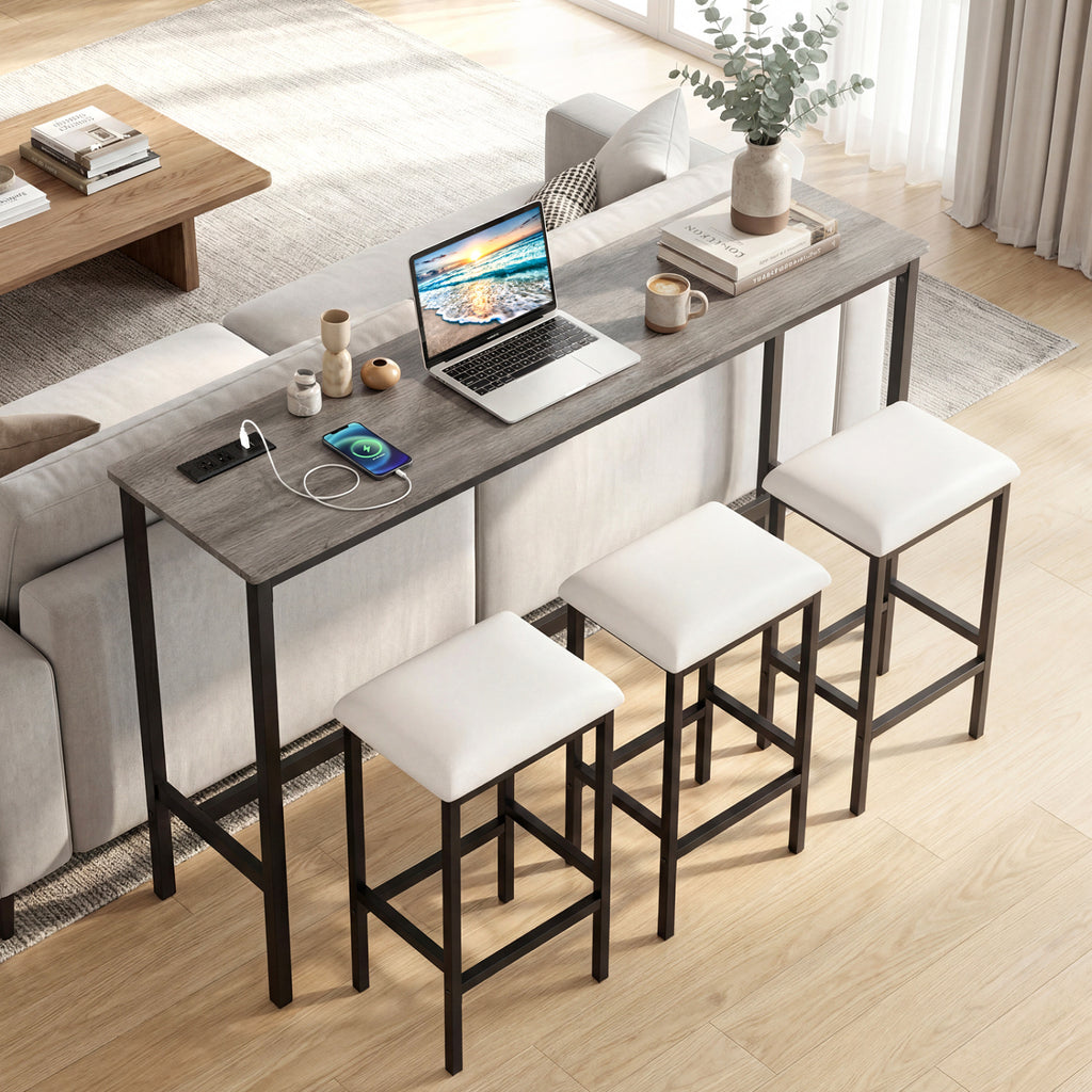 Counter Height Bar Table with Power Outlet & 3 Stools – Gray