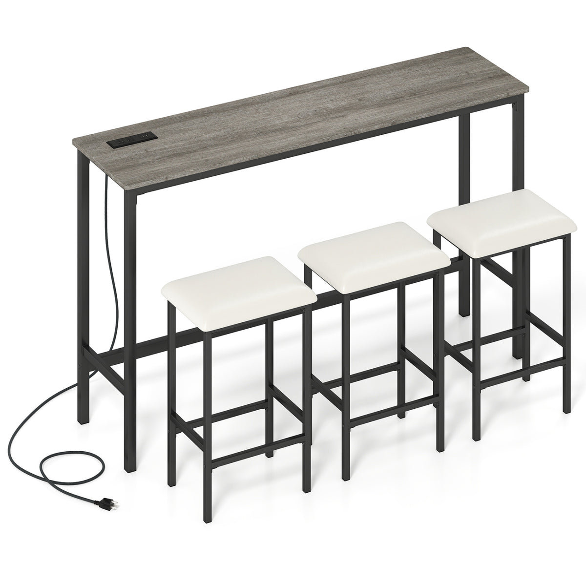 Counter Height Bar Table with Power Outlet & 3 Stools – Gray