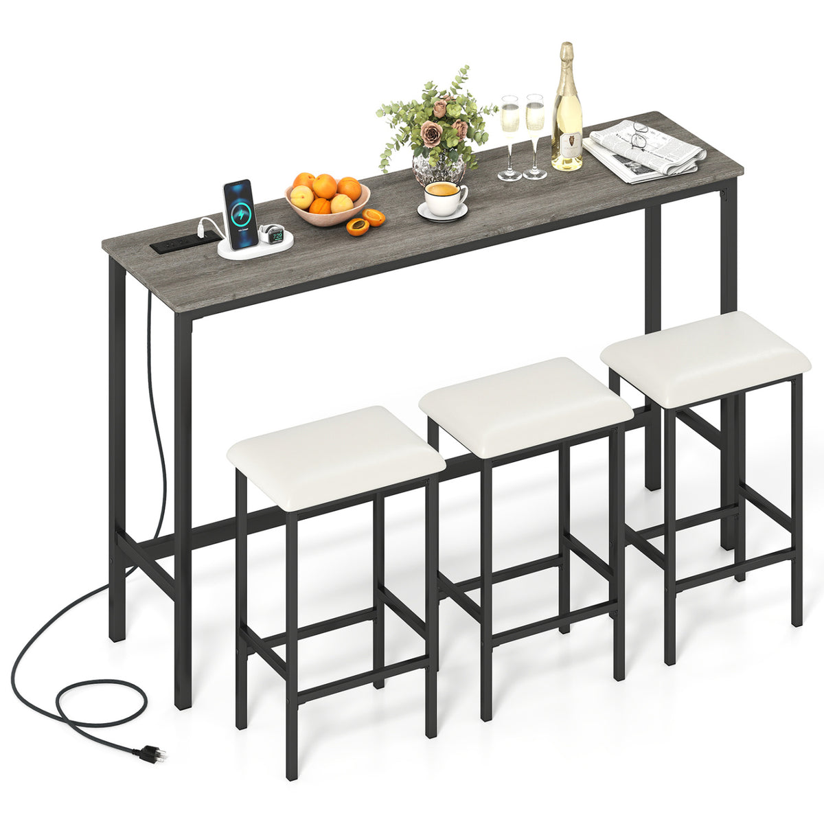Counter Height Bar Table with Power Outlet & 3 Stools – Gray