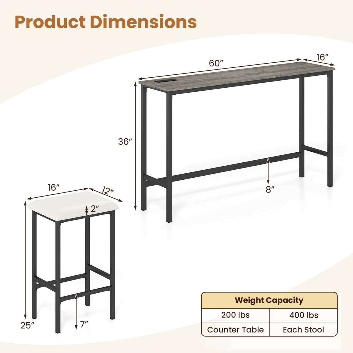 Counter Height Bar Table with Power Outlet & 3 Stools – Gray