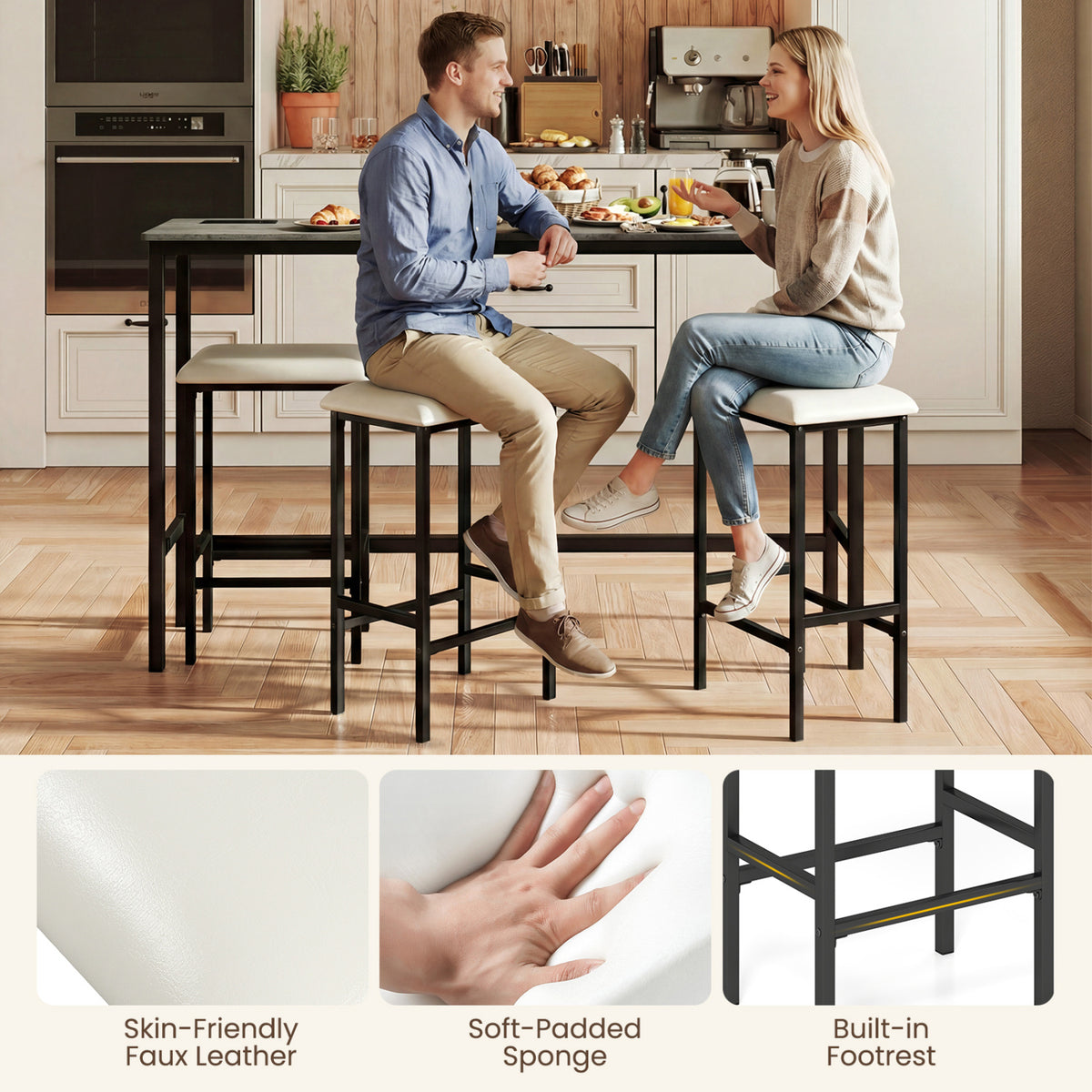 Counter Height Bar Table with Power Outlet & 3 Stools – Gray