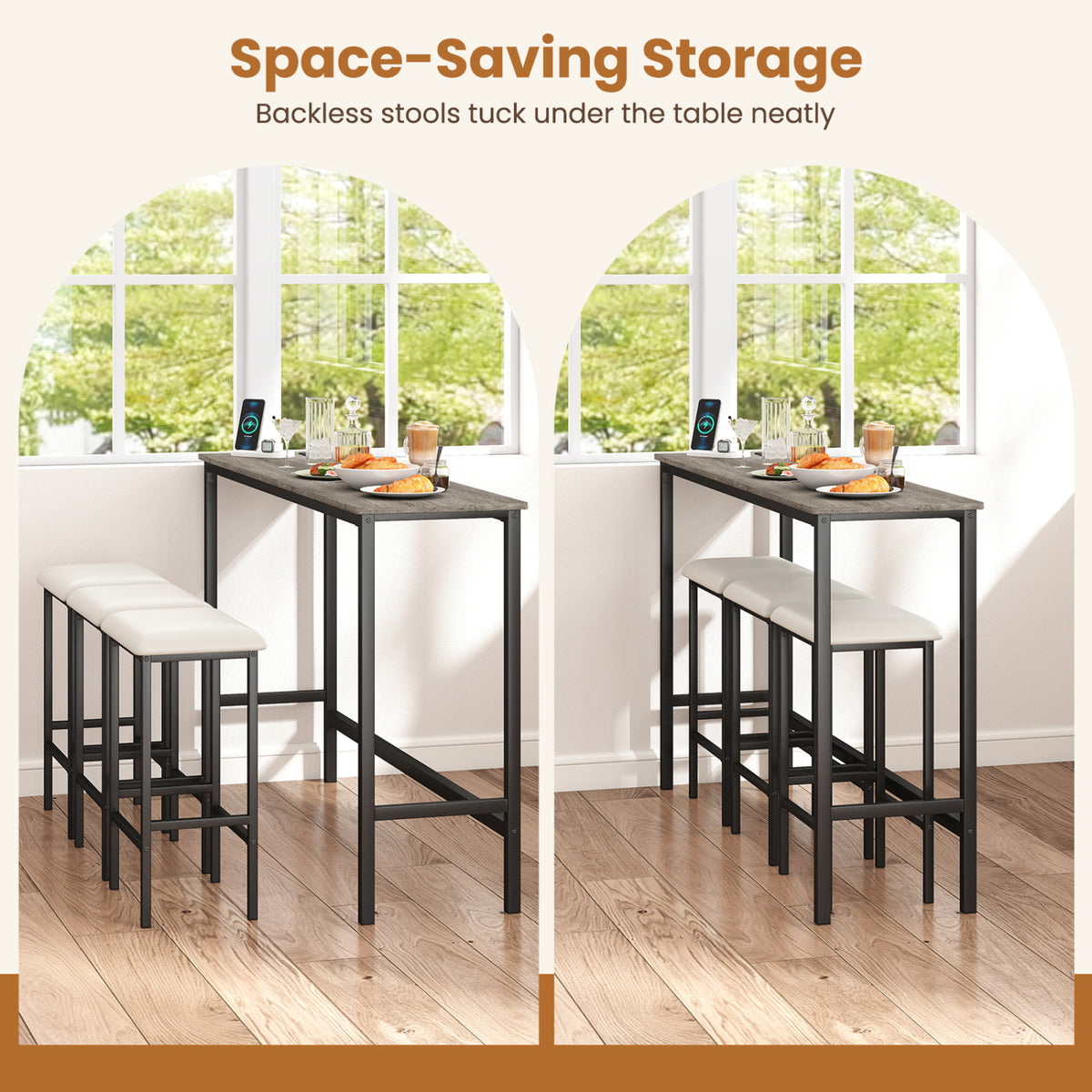 Counter Height Bar Table with Power Outlet & 3 Stools – Gray