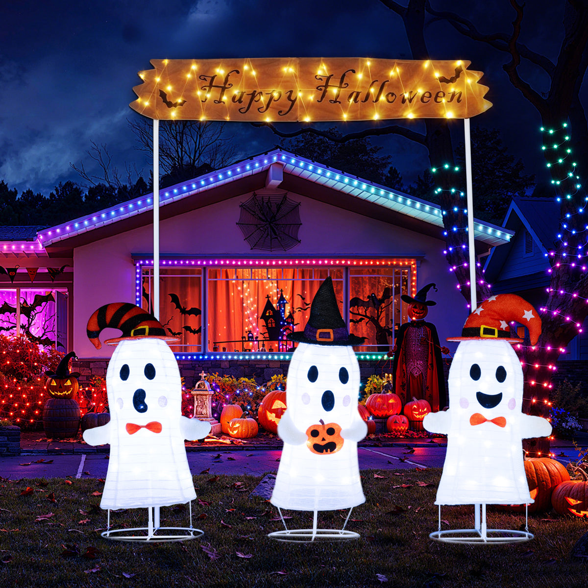 Halloween Ghost Decoration Set - 4 Pieces with Gate & LED Lights - Weather-Resistant Outdoor Scene