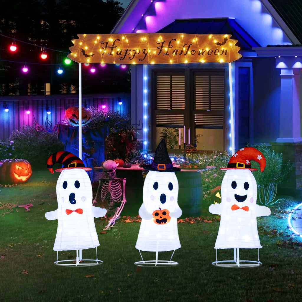 Halloween Ghost Decoration Set - 4 Pieces with Gate & LED Lights - Weather-Resistant Outdoor Scene
