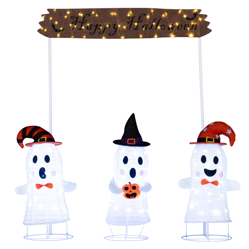 Halloween Ghost Decoration Set - 4 Pieces with Gate & LED Lights - Weather-Resistant Outdoor Scene